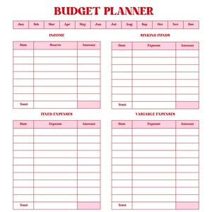 Budget Spreadsheet Template Pink White Red, Manage Expenses, Income, Debt & Sinking Funds, Personal Finance, Income and Expense Tracker
