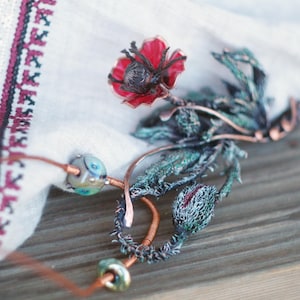 Copper Poppy Pendant with Glass Enamel Flowers on Leather Cord