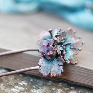 Amethyst hair fork with copper chrysanthemum leaves small botanical hair pin