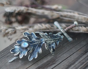 Oak Leaf Moonstone Fibula Brooch: Handmade Viking Celtic Cloak Pin