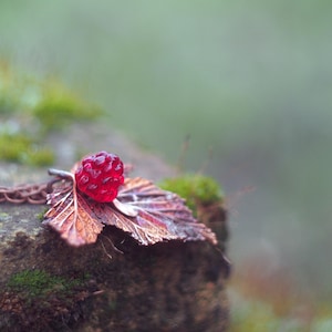 Tiny Raspberry Leaf Pendant – Real Leaf Electroformed in Copper with Handmade Glass Berry – Forest Jewelry – Nature-Inspired Gift