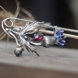 Handcrafted Thistle Brooch with Natural Amethyst – Unique Botanical Jewelry Kilt pin Scottish thistle pin