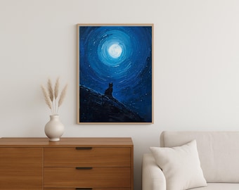 Silueta de gato a la luz de la luna / Impresión digital de cielo nocturno azul / Pintura minimalista estrellada / Descarga instantánea