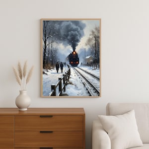 May include: Framed art print of a vintage steam train in a snowy landscape. The train is approaching on tracks, billowing dark smoke. Two figures walk along a snow-covered path. The artwork is in a wooden frame.
