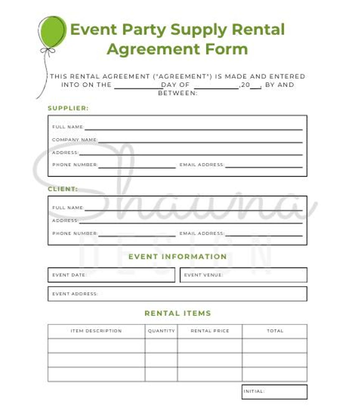 Customizable Event Rental Agreement Form | Fillable PDF Template ...