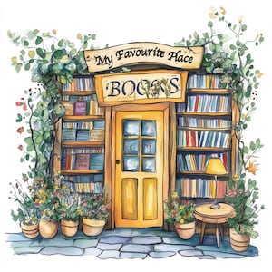 Watercolor Bookstore PNG Clipart | Cozy Bookshop Digital Download | Book nerd | Book lover | Bookish