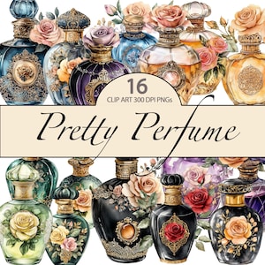 Hübsche Parfüm Flasche Clipart - 16 PNGs | Vintage Blumen Parfümflaschen | Digitale Aquarell Parfümflaschen | Kommerzielle Nutzung