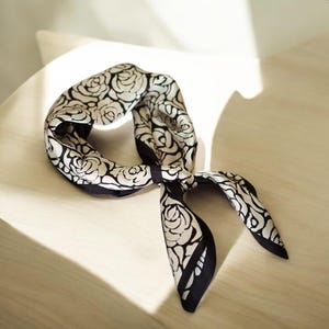 Black & White Rose Mulberry Silk Scarf: 70cm Square Shawl