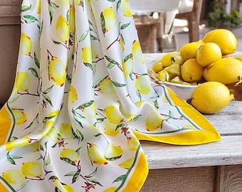 Lemon Print Scarf: Yellow Floral Small Square Imitation Silk