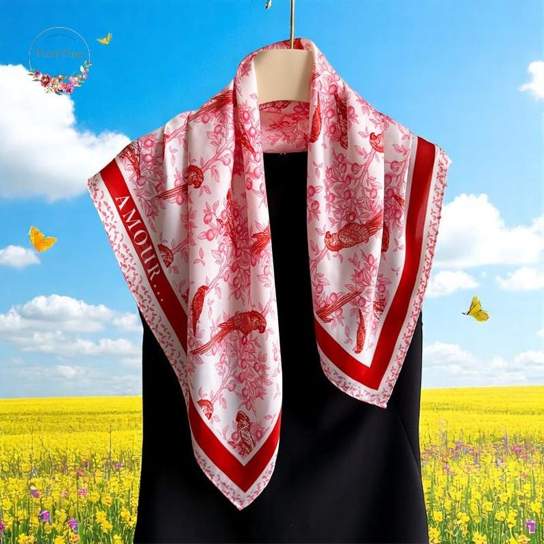 May include: A white silk scarf with a red border and a floral pattern featuring red birds and the word "AMOUR" printed on it.