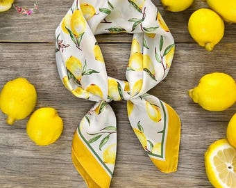 Lemon Print Mulberry Silk Scarf: Yellow Hair & Neck Scarf (70cm)