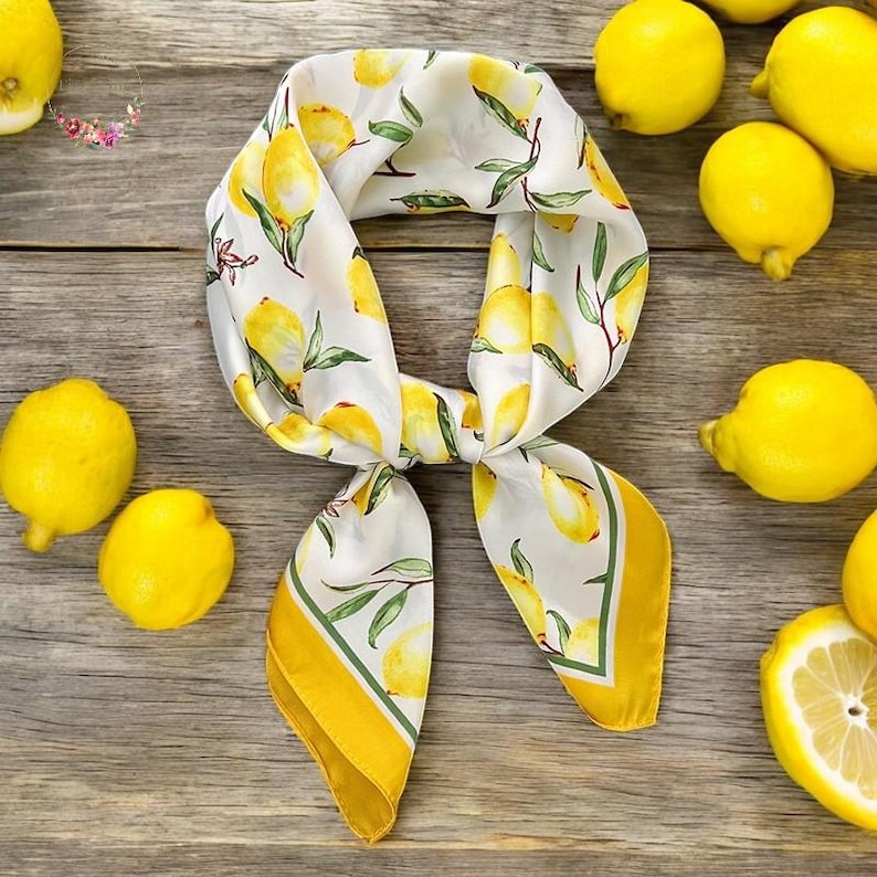 Lemon Print Mulberry Silk Scarf: 70cm Square Elegant Neck & Hair Wrap