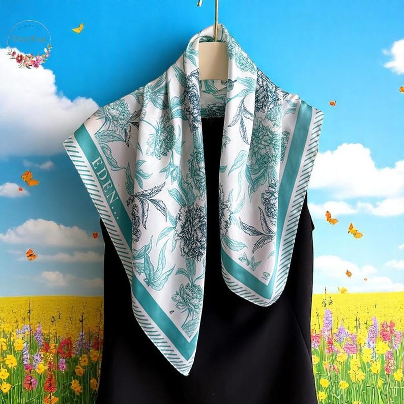 May include: A white silk scarf with a green border and a floral pattern. The scarf has the word "EDEN..." printed on it.