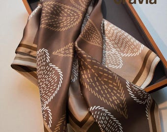 Brown Floral Mulberry Silk Scarf: Luxury Neck Scarf (65cm)
