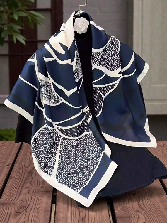 Silk Effect Scarf Double Sided | Large Square Elegant Office Shawl