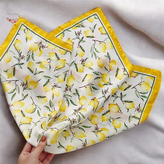 Lemon Print Mulberry Silk Scarf: 70cm Square Elegant Neck & Hair Wrap