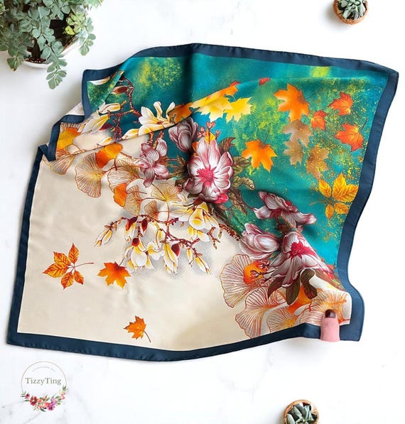 Lemon Print Scarf: Yellow Floral Small Square Imitation Silk  display picture 2