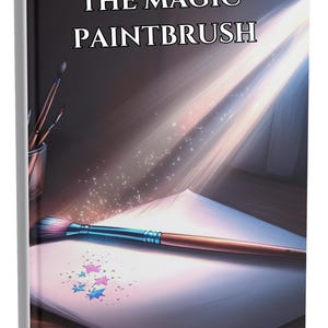 Pode incluir: Capa de livro com o título "THE MAGIC PAINTBRUSH". Apresenta um pincel com cerdas rosa e azuis sobre papel branco. Um copo com pincéis e efeitos brilhantes sugere um tema mágico.