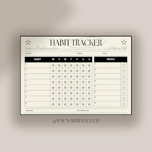 Könnte beinhalten: Ein beigefarbener Gewohnheitstracker mit schwarzem Rand. Die Worte "HABIT TRACKER" stehen oben, mit Abschnitten für Gewohnheiten, Ziele und einen Wochenkalender. Der Text "Discipline is the highest form of self love" ist ebenfalls vorhanden.