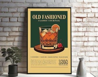 Old Fashioned Cocktail Art Print: Retro Bar Cart Decor (Digital Download)