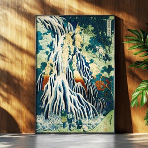 Hokusai Ukiyo-e Japanese Waterfall Wall Art Landscape Poster Print Blue Green Japanese Home dec wall art