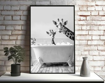 Giraffe Print, Funny Bathroom Decor, Giraffe in Toilet, Animal in bathroom, Black And White Giraffe, Wall Art, Print Digital Download
