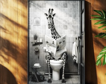 Giraffe Print, Funny Bathroom Decor, Giraffe in Toilet, Animal in toilet, Black And White Giraffe, Wall Art, Printable Digital Download, Fun