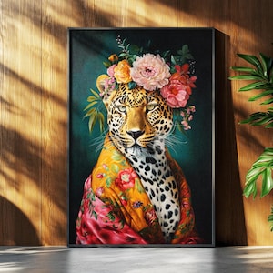 May include: A leopard with a crown of pink, red, and yellow flowers on a dark green background. The leopard is wearing a pink and yellow floral patterned robe.