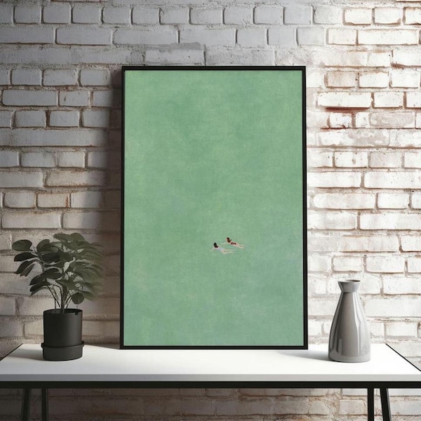 Two Girls Swimming Art Print: Minimalist Mid-Century Modern (Digital Download)