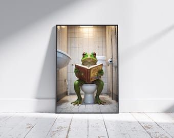 Retro Frosch auf Toilette Print: Lustige Badezimmer Wand Kunst (Digitaler Download)