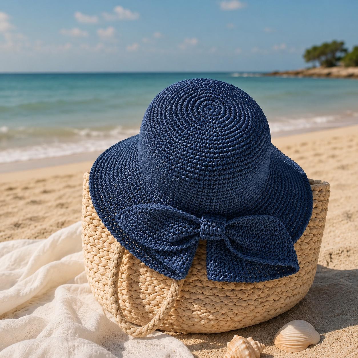 Foldable Wide Brim Crochet Straw Sun Hat for Beach Summer, Adjustable Versatile retro woven handmade straw hat with ruffled bow  main image 4