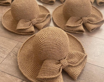 Cappello da sole in rafia all'uncinetto: cappello da spiaggia a tesa larga con fiocco