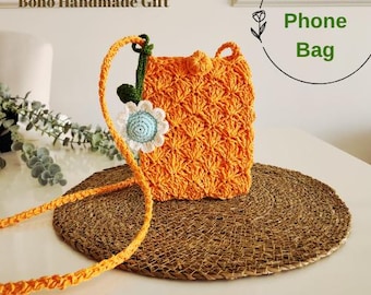 Aus Papiergarn gehäkelte Handytasche | Boho Kindle Tasche, Mini Geldbörse