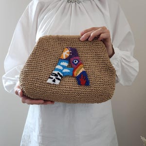 Personalized Raffia Clutch with Initial | Handmade Straw Summer Bag | Embroidered Letter Pouch | Woven Beach Clutch | Monogram Gift for Her