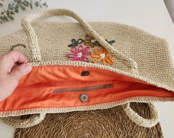Personalisierte häkeln Raffia Strandtasche: Handgemachte bestickte Strohtasche