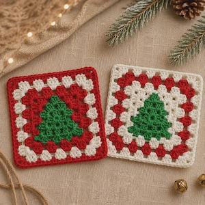 May include: Two square crochet coasters featuring a central green Christmas tree motif. One coaster has a red border with white accents, while the other has a white border with red accents. Both are crafted with a classic granny square pattern.