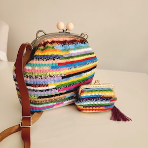 Crochet Rainbow Granny Square Bag Set: Handmade Cotton Clutch & Coin Purse