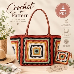 Puede incluir: Un patrón de ganchillo en PDF para un bolso tote y un monedero a juego con diseño de granny square en negro, blanco, naranja y verde salvia. El texto incluye Crochet Pattern, Step by Step Easy to Follow, Detailed Instructions, Step by Step Photos, US Terms (US & UK), y Make Your Own Colorful Bag.
