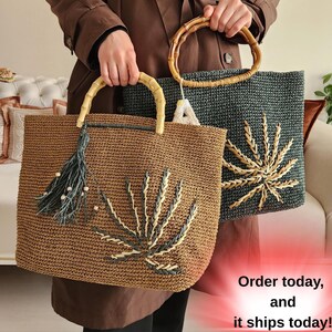 Personalized Handmade Raffia Straw Bag – Dark Green, Bamboo Handle,Tropical Floral French Basket, Boho Beach Bag, Mothers Day Gift,SummerBag