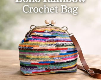 Regenbogen häkeln Kiss Lock Bag - Handgemachte Oma Quadrat Boho Crossbody Schultertasche, buntes Sommergeschenk für Sie