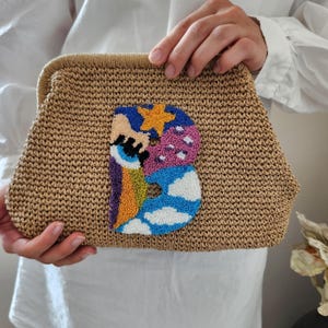 Personalized Raffia Clutch with Initial | Handmade Straw Summer Bag | Embroidered Letter Pouch | Woven Beach Clutch | Monogram Gift for Her