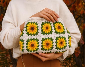Crochet Sunflower Clutch: Granny Square Purse with Kiss Lock , Valentine Gift