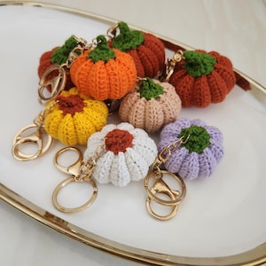 Op de afbeelding: Een verzameling van zeven kleine, gehaakte pompoen-sleutelhangers in diverse kleuren, waaronder oranje, geel, roestbruin, beige, wit en lichtpaars. Elke pompoen heeft een groen gehaakt steeltje en is bevestigd aan een goudkleurige sleutelring.