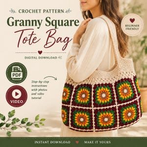 May include: A crochet pattern for a granny square tote bag, featuring a digital download for a bag made of beige, dark red, green, orange, and yellow yarn squares. The text reads: CROCHET PATTERN, Granny Square Tote Bag, DIGITAL DOWNLOAD, BEGINNER FRIENDLY.