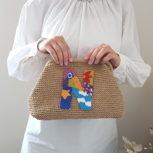 Personalized Raffia Clutch with Initial | Handmade Straw Summer Bag | Embroidered Letter Pouch | Woven Beach Clutch | Monogram Gift for Her