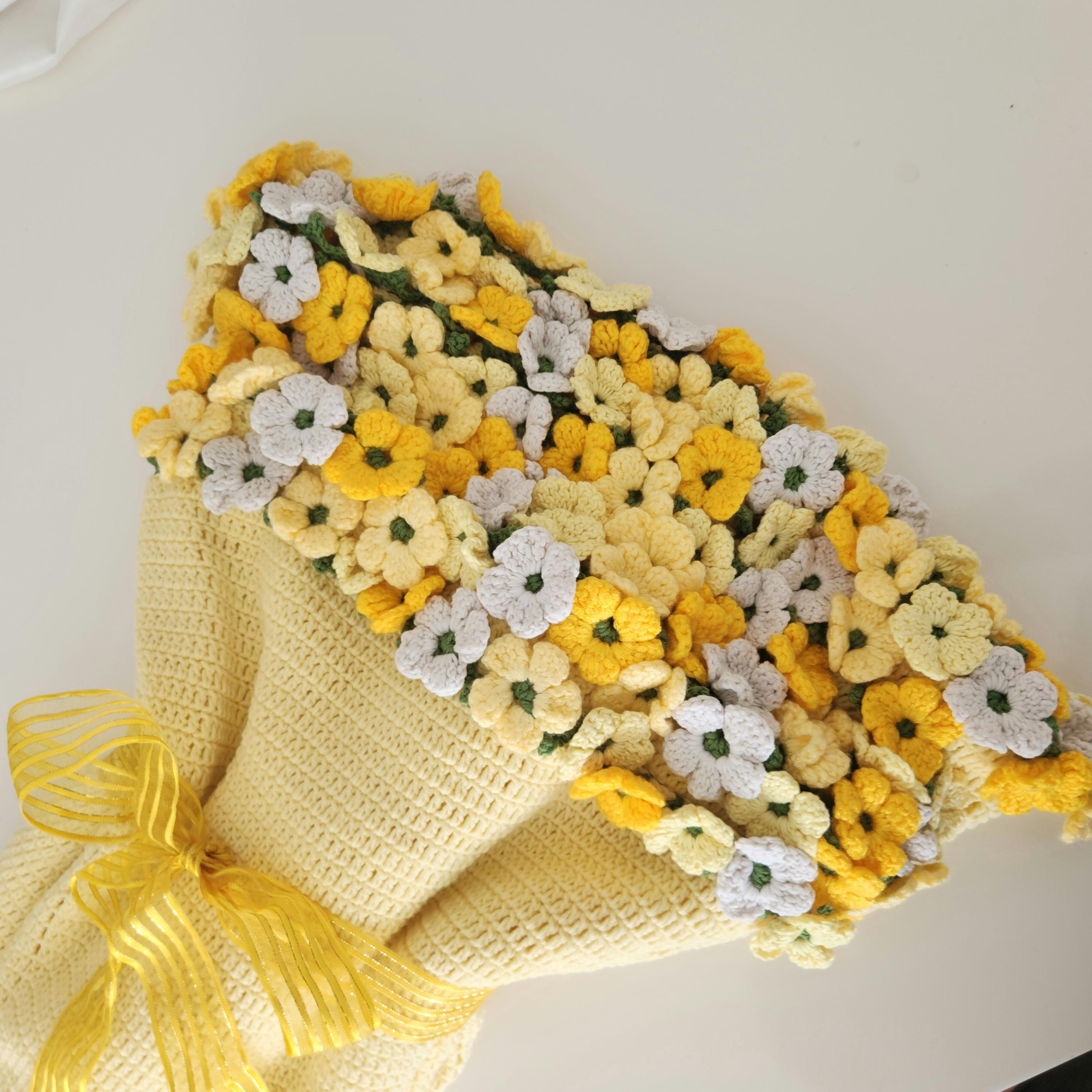 ハンドメイド 薔薇 モチーフ ブランケット 白 リボン ブーケ