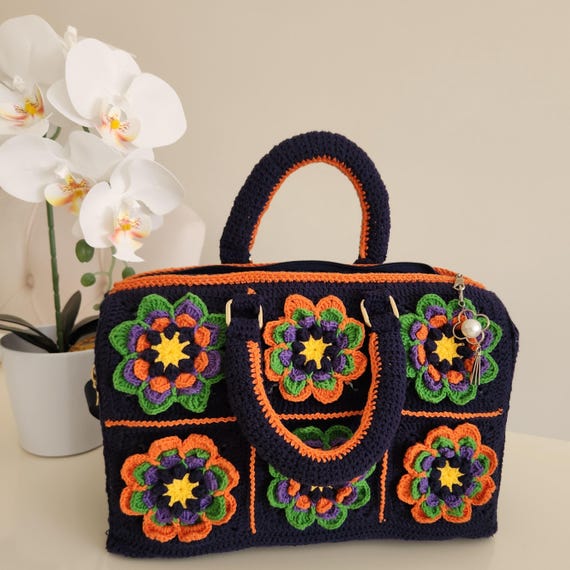 Handmade Crochet Floral Travel Bag Zippered Speedy Style Purse