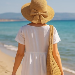 Ręcznie robiony zestaw kapelusza i torby z rafii – szydełkowany zestaw plażowy z włóczki papierowej, torba na wakacje i kapelusz przeciwsłoneczny, styl boho, gotowy do wysyłki