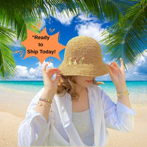 Handmade Raffia Crochet Bucket Hat with Floral Embroidery – Straw Woven Summer Hat for Women, Sun Protection Beach Hat, Holiday - Summer Hat