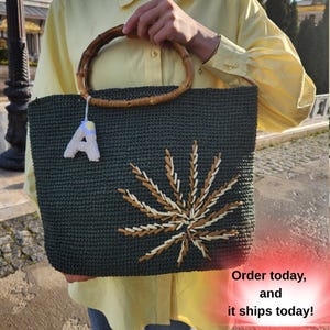 Personalized Handmade Raffia Straw Bag – Dark Green, Bamboo Handle,Tropical Floral French Basket, Boho Beach Bag, Summer Bag, Holiday Hat
